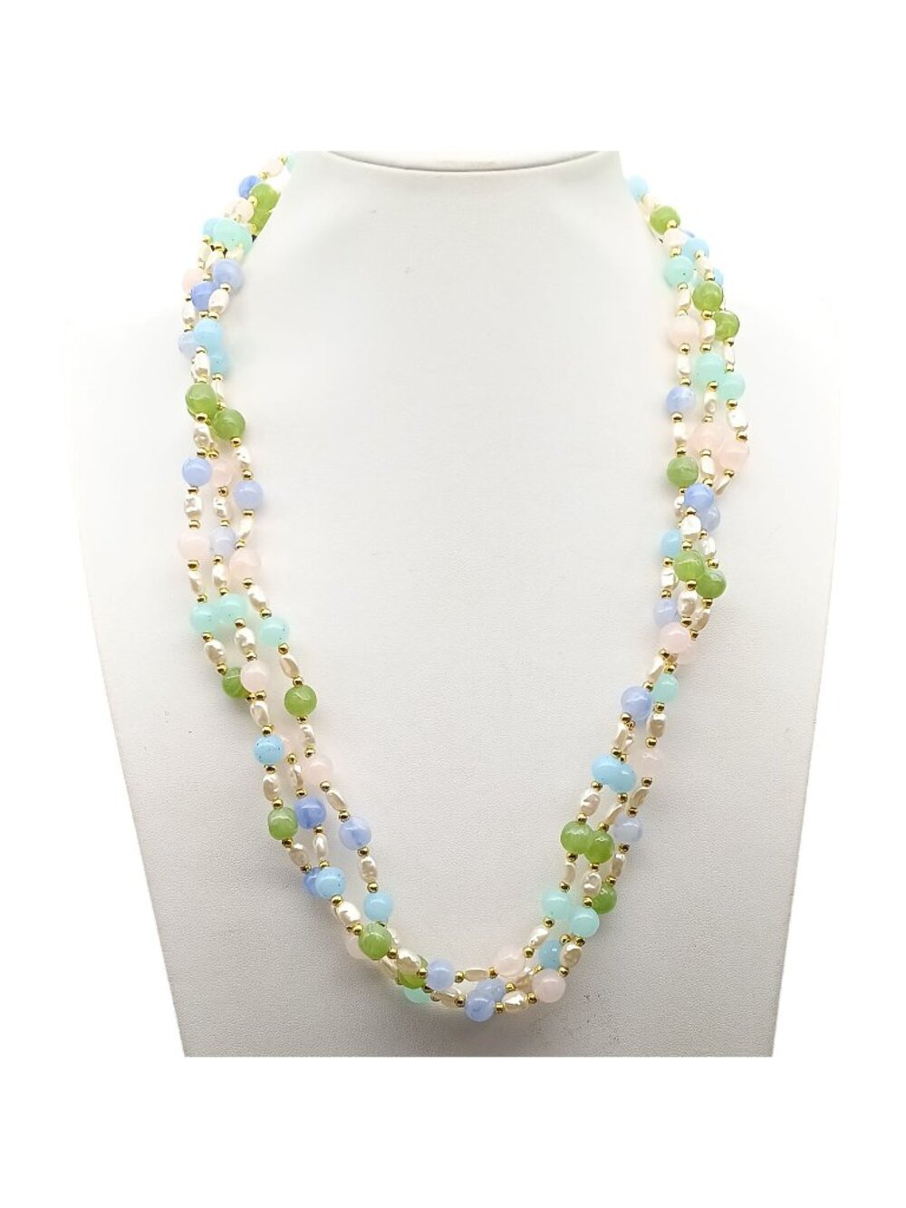 Vintage Multi-Strand Pastel Beaded Necklace with Faux Pearls Gold Accents